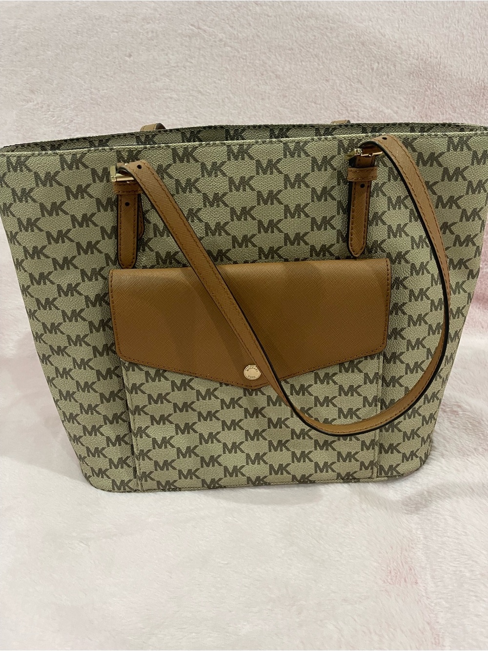 Michael Kors Monogram Tote with Tan Leather Front Pocket
